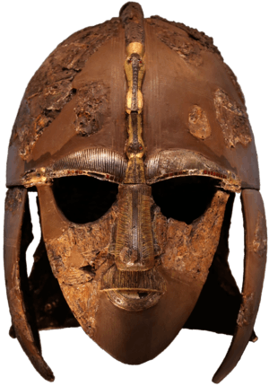 Colour photograph of the Sutton Hoo helmet, which has boar images on each of its two eyebrows