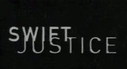 White capital letters saying "SWIFT JUSTICE" are placed over a black screen.