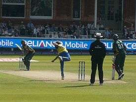  Sri Lankan fast bowler Lasith Malinga bowls to Pakistani batsman Shahid Afridi in the ICC World Twenty20 Final.