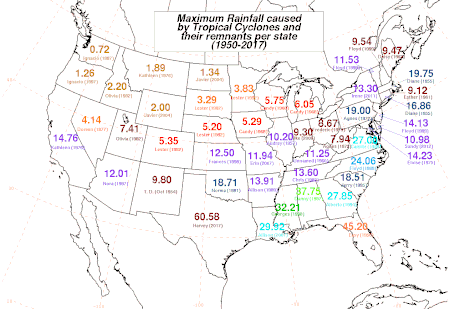 Map showing the highest rainfall totals measured in certain regions of the continental United States as of 2018.