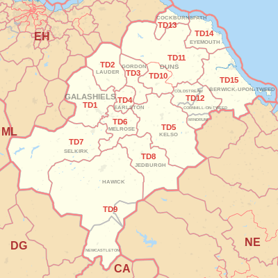 TD postcode area map, showing postcode districts, post towns and neighbouring postcode areas.