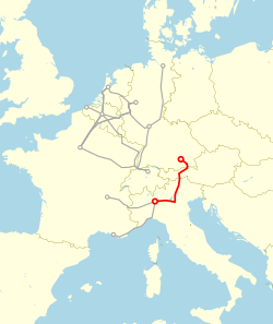 Map showing the route of the TEE Mediolanum in red, as of 1957.