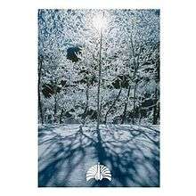 A snowy scene of trees, lit against a blue sky. Shadows from the trees fall on the snow on the ground. At the bottom is a white logo of s crane