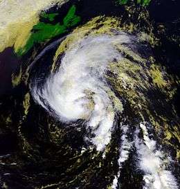 Satellite imagery showing a tropical storm near peak intensity southeast of Newfoundland