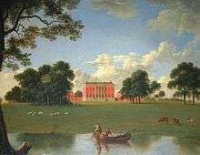 A painting of parkland with a boat on a lake in the foreground, and fields leading up to a red-brick house in the distance