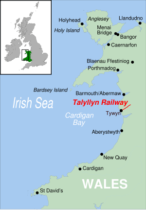 The Talyllyn Railway starts from Tywyn, on the coast of Cardigan Bay which forms a large part of the western coast of Wales. The nearest large towns are Barmouth/Abermaw to the north and Aberystwyth to the south. The railway runs inland in an approximately north-easterly direction.