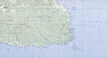Topographical map of the Huon Peninsula and Tami Islands, showing the distance between Finschhafen and the Islands, and some of its features.