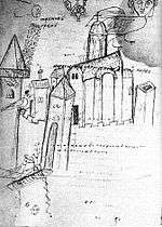 Clumsy black and white sketch of a medieval city with several towers and a large church visible