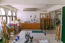 Communal painting studio in the Tashkeel building.