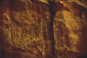 A picture of a very faint drawing of an elephant and a giraffe on a cave wall.