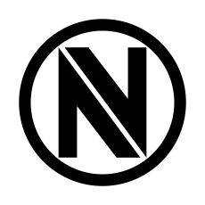 Inscribed in a circle, a capital letter "N" is diagonally split from the top left to the bottom right producing the lower case letters "n" and "v" (abbreviation of envy).