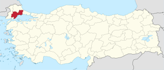 Tekirdağ highlighted in red on a beige political map of Turkeym