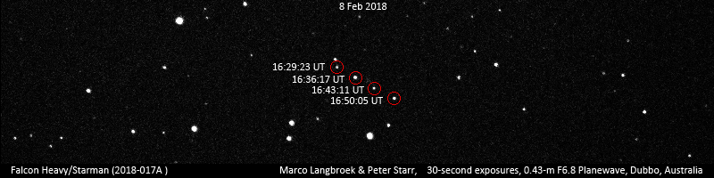 Mostly black photograph with small white dots of varying sizes making up a starfield, dated as 8 February 2018.  Four white dots in a line are each circled in red and labelled with a timestamp at giving the position of the Tesla Roadster as it moves across the sky at four minute intervals.