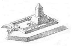 Drawing of a temple, comprising buildings and in the center, a large obelisk.