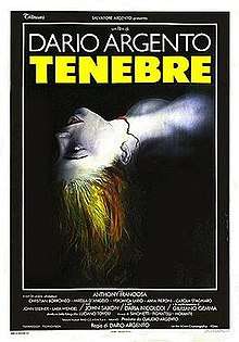 A film poster with the main image a woman's upper shoulders and head on a black background. Facing upwards with her head arched back, she is drained of color, save for her red hair and the red line of blood where her throat has been cut. Above, "DARIO ARGENTO. TENEBRAE". Underneath, the film credits.