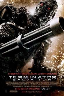 A skeleton-like machine with bright red eyes holding a gun in the background. Below it are the credits, tagline and title.