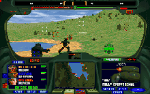 A first-person view of a grassy area, which is surrounded by rising, tree-covered hills. Two squadmates in powered exoskeletons run in front of the camera, firing at a pair of enemies in the distance. A body of water is visible to left of the screen, and a hill to the right rises above the character's view. The sky—blue, with thin white clouds—is visible above the hills. A large visor obscures most of the screen; it depicts detailed tactical information and readouts of the protagonist's status.