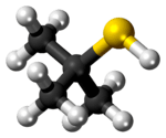 Ball-and-stick model of the tert-butylthiol molecule