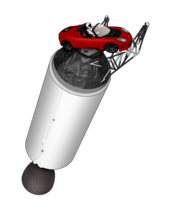 Illustration of Elon Musk's Tesla Roadster attached to the upper stage of a Falcon rocket, with a driver wearing a white-and-black spacesuit in the driving seat and the Earth visible in the background.