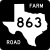 Image of FM&nbsp;863 highway shield. The square shield has a white symbol in the shape of Texas as the state appears on maps on a black background. Inside this symbol is the number 863. The black background contains the word FARM in the upper right corner and the word ROAD in the lower left corner.