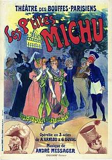 Theatre poster showing brightly-dressed and jovial men and women at a garden party