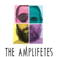 A composite of a man's face in four pieces: one pink quarter with an eye patch, one green quarter with a man's eye and pulled-back hair, one yellow quarter with a beard, and one purple quarter with a beard. Below in black type: The Amplifetes.