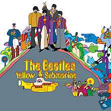 A colorful cartoon-style drawing of the Beatles and other characters from the Yellow Submarine film