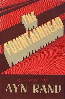 Against a red and brown background, the words "The Fountainhead" run diagonally in block letters, with "a novel by Ayn Rand" at the bottom
