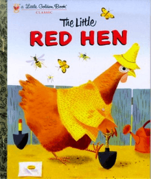 An illustrated hen wearing a shirt and hat uses a shovel to dig a hole.