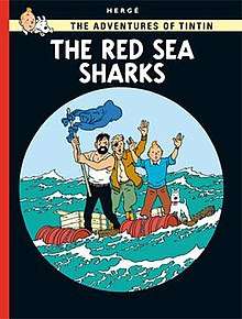 Tintin, Snowy, Haddock, and Skut are on a raft in the Red Sea, waving at us. We are viewing the scene through a telescope.