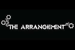 Black square with the words "The Arrangement" in white lettering with floral patterns coming out of the first letter of "the" and last letter of "arrangement"