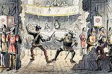 A view from the back of a stage. Two unkempt actors enact a sword fight for the audience. Men dressed as soldiers lounge and drink behind the props.