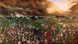 The painting shows many men, some on foot and some on horseback, engaged in hand-to-hand combat.  One man carries the Mexican flag; another carries the flag of the Republic of Texas.  In the background are several tents; behind them is a body of water.