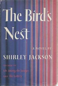cover of Shirley Jackson's "The Bird's Nest," with red and blue veritcal stripes