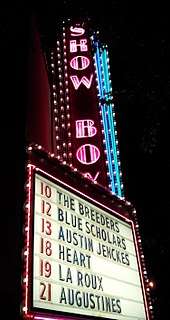 Marquee of the Showbox music venue showing the Breeders on September 10 and other bands performing that month