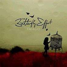 The main image is a silhouette of a girl at a cage. Four butterflies have been freed, it is difficult to see if more remain. Behind the girl, the ground is red-coloured, possibly on fire. Beyond is a grey, foggy landscape below a grey, cloudy sky. The artist's name is shown across the middle in large, black cursive script. Below it is the album name in smaller white, block capitals.