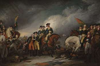 The Capture of the Hessians celebrates the important victory by General George Washington at the Battle of Trenton. In the center of the painting, Washington is focused on the needs of the mortally wounded Hessian Colonel Johann Rall. On the left, the severely wounded Lieutenant James Monroe is helped by Dr. John RIker. On the right is Major General Nathanael Greene on horseback.