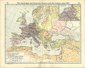Old map of Europe and the Mediterranean basin showing the polities of the year 814 in various colours