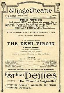 Printed playbill showing name and management of the theater, with the play's title in the center, followed by other credits