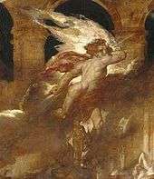 Angel holding a spear and surrounded by smoke