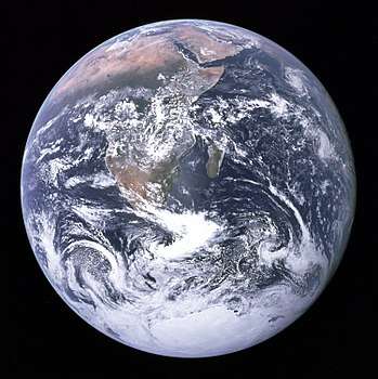 "The Blue Marble" photograph of Earth, taken by the Apollo 17 lunar mission. The Arabian peninsula, Africa and Madagascar lie in the upper half of the disc, whereas Antarctica is at the bottom.