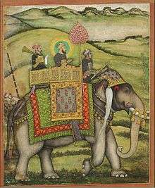 Bahadur Shah, distinguished by a halo, with two other men on an elephant