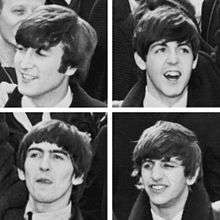A photograph of each of the Beatles: John Lennon, Paul McCartney, Ringo Starr and George Harrison