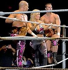 Two Caucasian males and one Caucasian female preparing to enter a wrestling ring with grey ropes. The women in the center is blonde, and is wearing black and pink wrestling tights, black boots, and a black top with "Hart Dynasty" written upon it in pink. The two men stand either side of her, both also wearing black and pink wrestling tights, and are wearing wrestling championships around their waists.