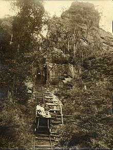 Black and white photo of a group of adults sitting in a coal skip halfway down a very steep and rickety looking railway. Staged photo taken from below with railway receding up the hill behind the group.
