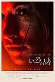 The right side of a woman's face with full black eyeballs with scarring all around that same eye. The words "The Lazarus Effect" are at the bottom right in white, 5 cast members names above the title, and the tagline "Evil Will Rise" at the bottom middle.