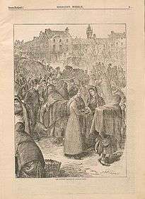 An etching of the scene of a bustling market square in Galway found in the periodical