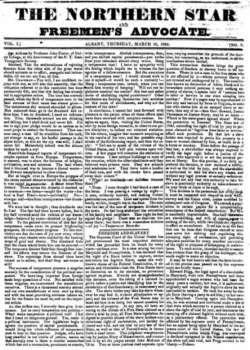 A newspaper front page with "The Northern Star and Freemen's Advocate" as the headline over three columns of text