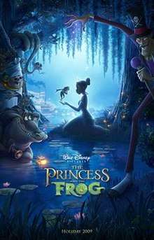 Cartoon image of a woman kneeling in the Louisiana bayou in a princess costume with a frog in her hand, as a voodoo priestess, a witchdoctor, a firefly, an alligator, and a snake, look on.