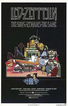A line drawing of Zeppelin's plane, Jimmy Page, the arena, and other elements of the film on a black background